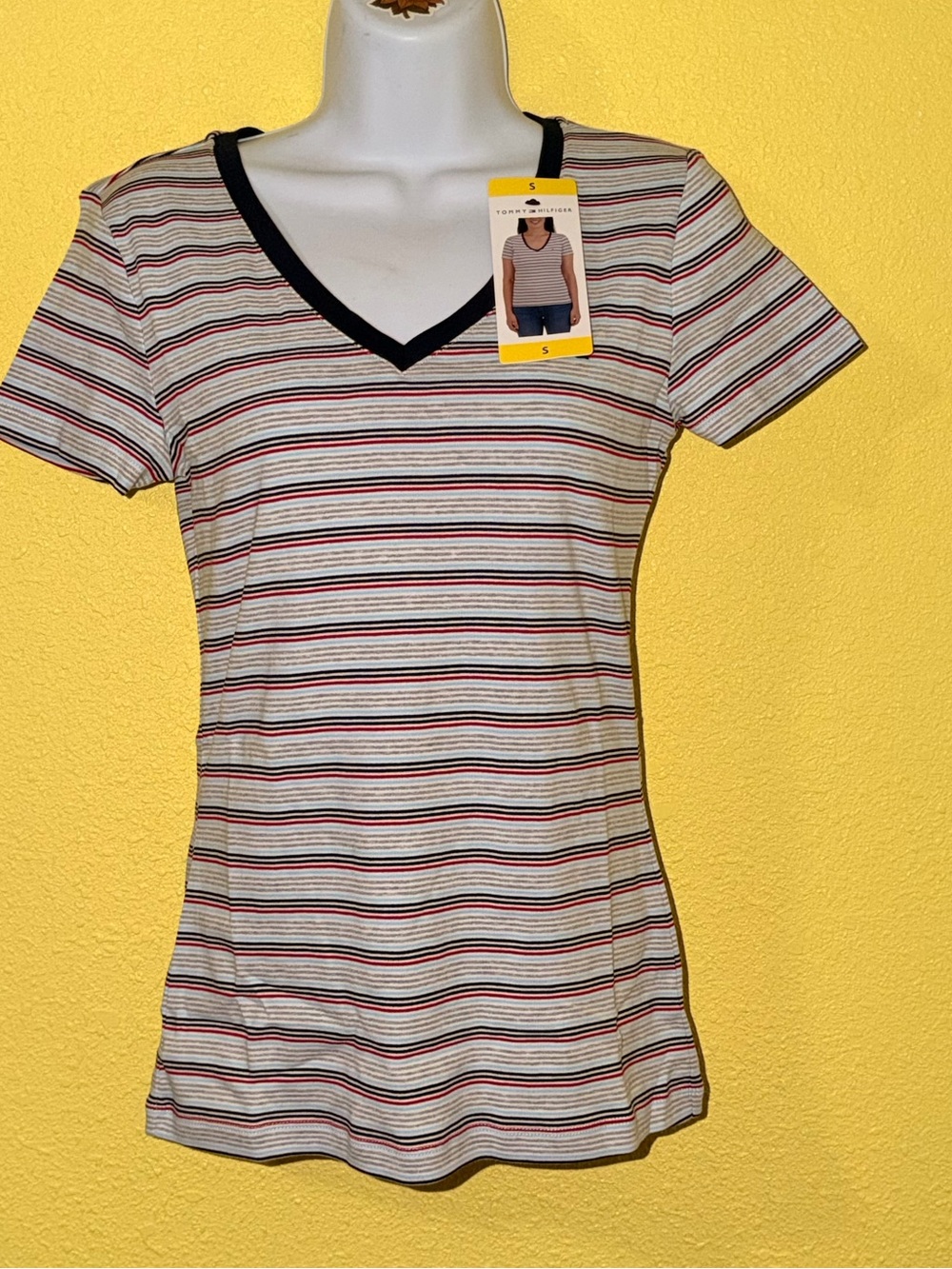 Tommy Hilfiger Cream Striped V-Neck Top with Black Trim